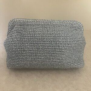 J. Crew Raffia Silver Metallic Straw Clutch Bag